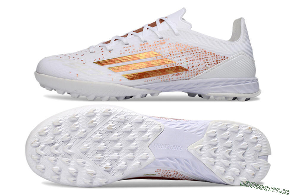 Unisex Adidas F50 Pro TF Artificial Turf Low-Tops Football Shoes - White/Metallic Gold/Blazing Orange 1