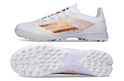 Unisex Adidas F50 Pro TF Artificial Turf Low-Tops Football Shoes - White/Metallic Gold/Blazing Orange