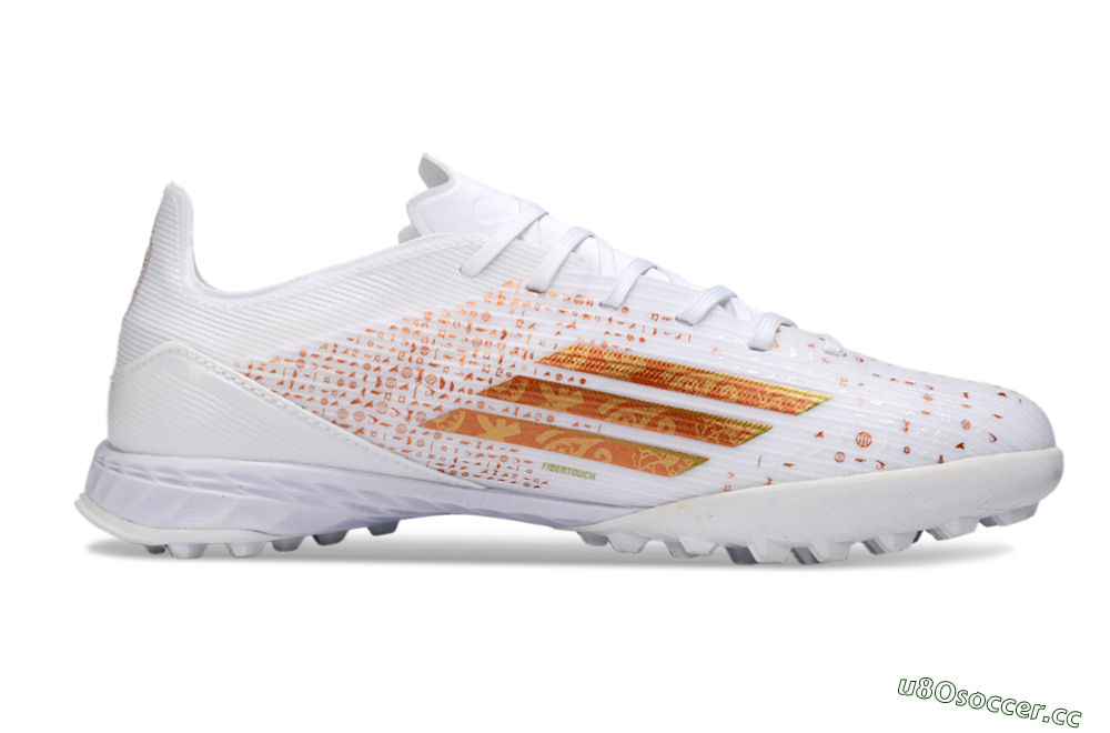 Unisex Adidas F50 Pro TF Artificial Turf Low-Tops Football Shoes - White/Metallic Gold/Blazing Orange 7
