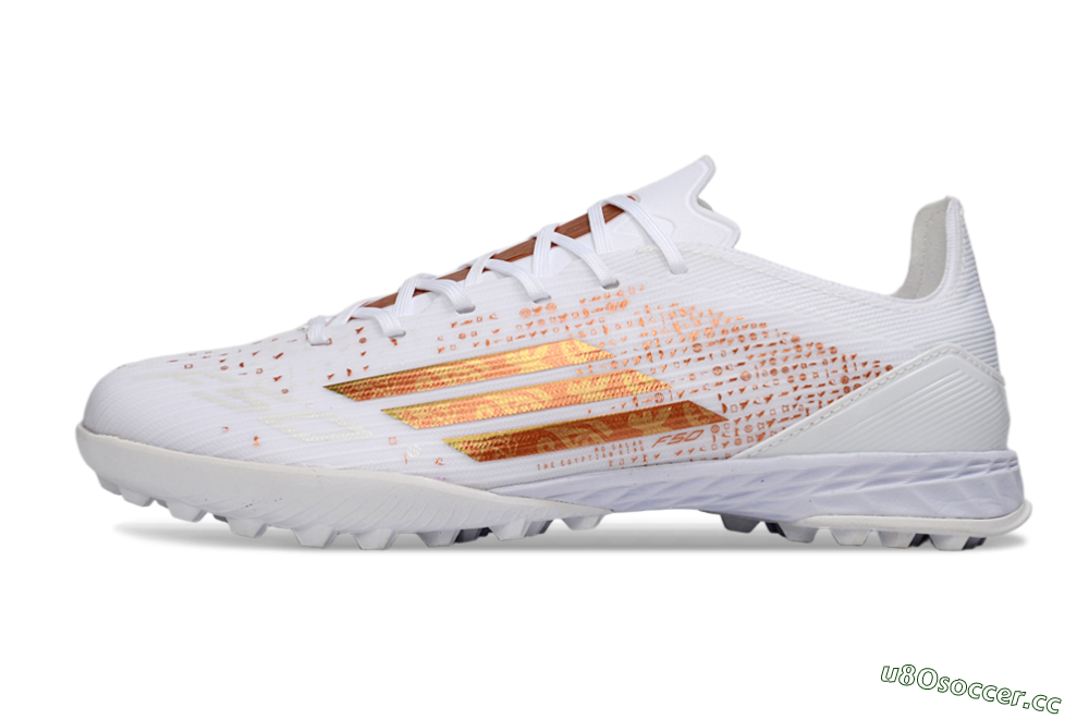Unisex Adidas F50 Pro TF Artificial Turf Low-Tops Football Shoes - White/Metallic Gold/Blazing Orange 0