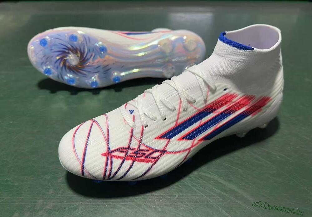 Men's Adidas F50 Elite Mid AG Artificial Grass High-Tops Football Boots - White/Electric Red/Deep Blue