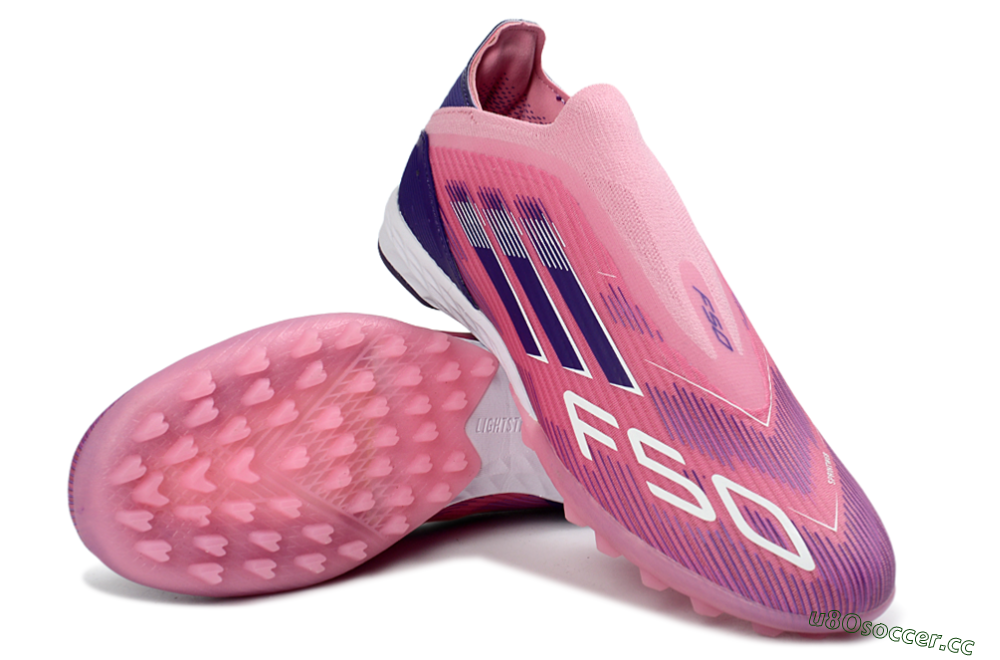 Men's Adidas F50 Elite Laceless TF Artificial Turf Low-Tops Football Shoes - Pink/Vivid Pink/Deep Purple 4