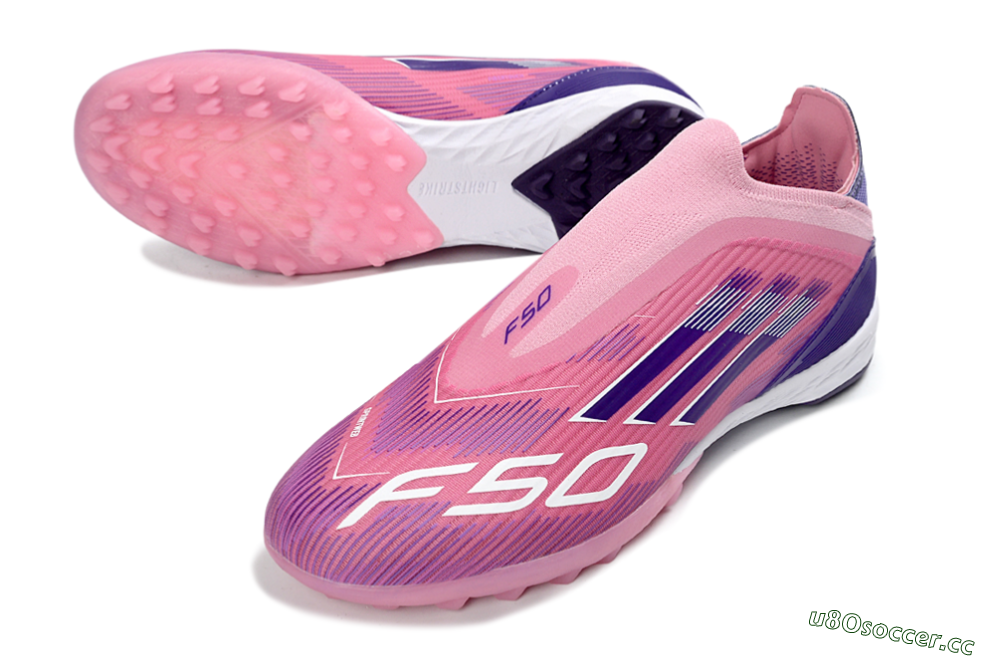 Men's Adidas F50 Elite Laceless TF Artificial Turf Low-Tops Football Shoes - Pink/Vivid Pink/Deep Purple 3
