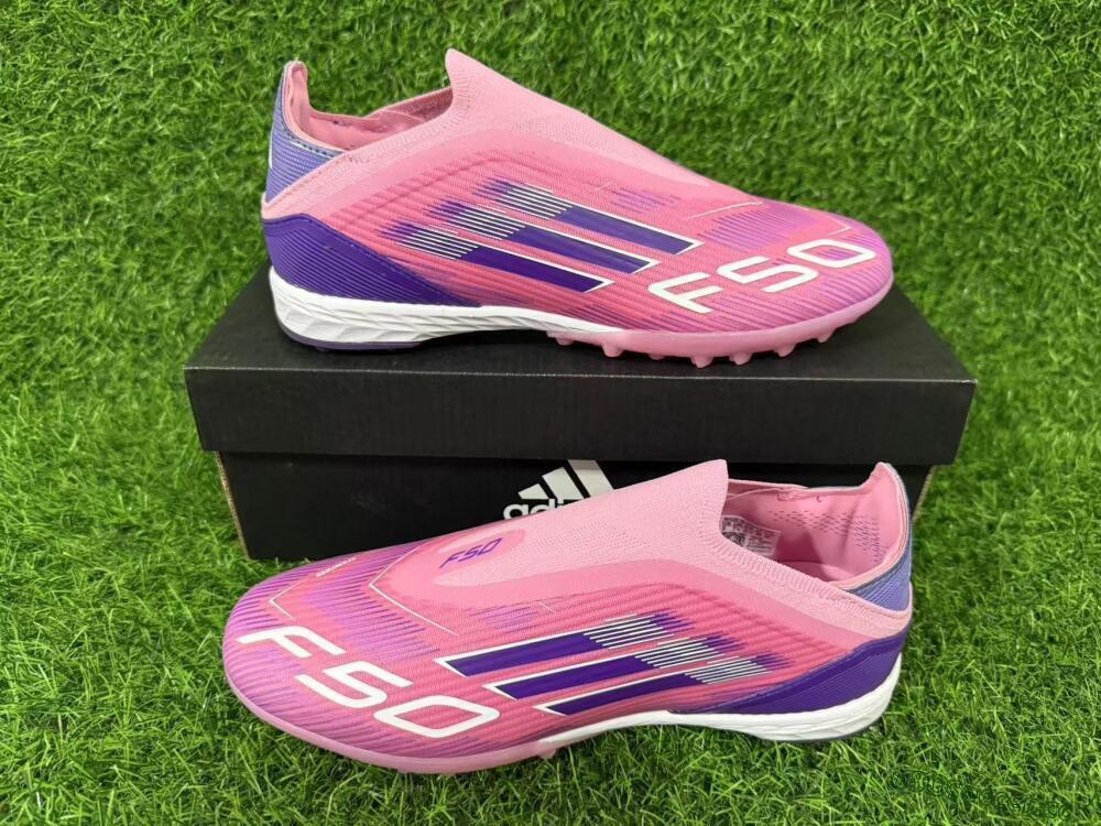Men's Adidas F50 Elite Laceless TF Artificial Turf Low-Tops Football Shoes - Pink/Vivid Pink/Deep Purple