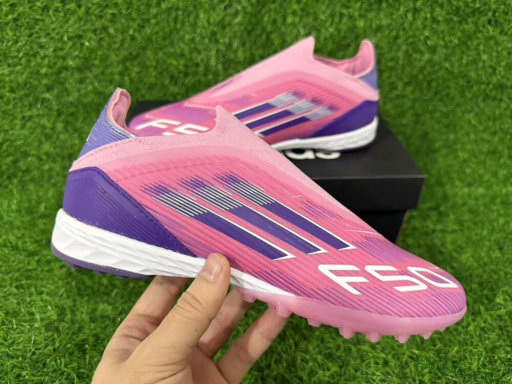 Men's Adidas F50 Elite Laceless TF Artificial Turf Low-Tops Football Shoes - Pink/Vivid Pink/Deep Purple