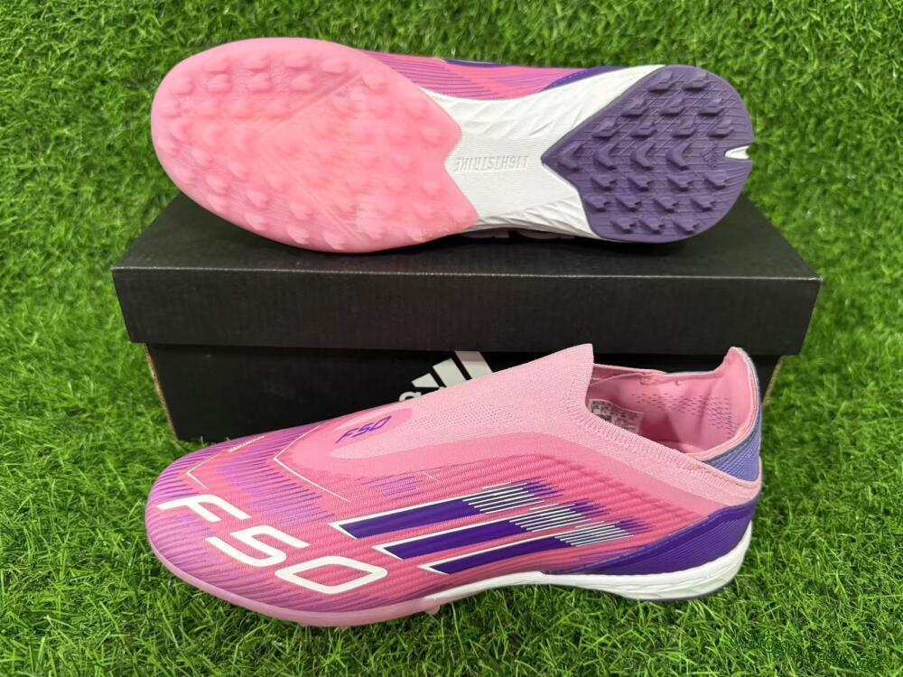 Men's Adidas F50 Elite Laceless TF Artificial Turf Low-Tops Football Shoes - Pink/Vivid Pink/Deep Purple