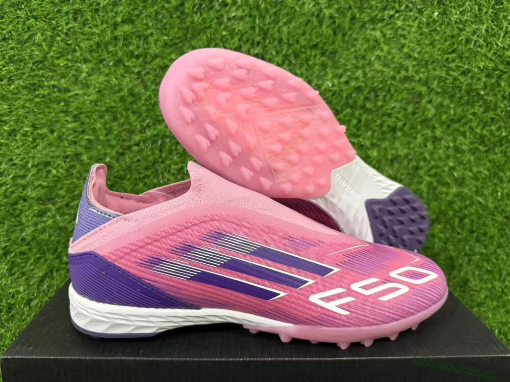 Men's Adidas F50 Elite Laceless TF Artificial Turf Low-Tops Football Shoes - Pink/Vivid Pink/Deep Purple