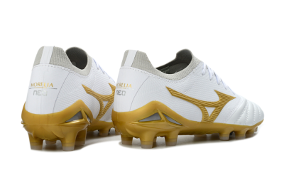 Unisex Mizuno Morelia Neo 3 FG Firm Ground Low-Tops Football Boots - White/Gold/Gray