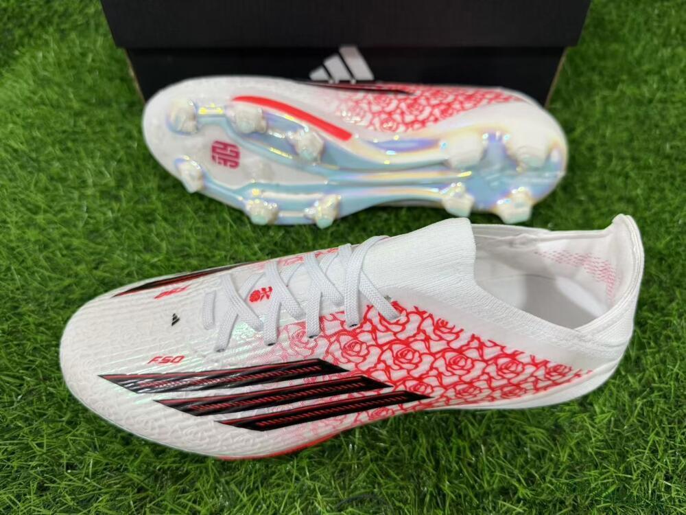 Unisex Adidas F50+ Elite Lightstrike Pro FG Firm Ground Low-Tops Football Boots - White/Crimson Red/Black 14