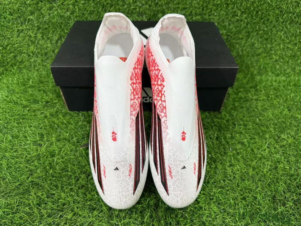 Unisex Adidas F50+ Elite Lightstrike Pro Laceless FG Firm Ground Low-Tops Football Boots - White/Scarlet Glow/Black Burst
