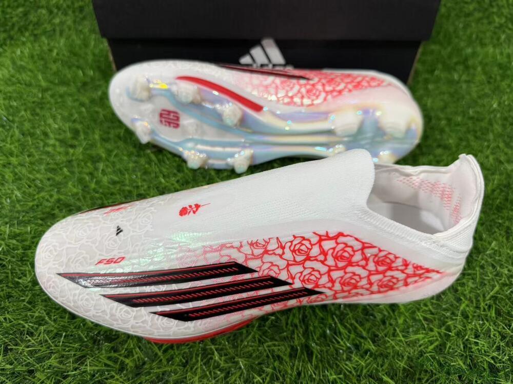 Unisex Adidas F50+ Elite Lightstrike Pro Laceless FG Firm Ground Low-Tops Football Boots - White/Scarlet Glow/Black Burst