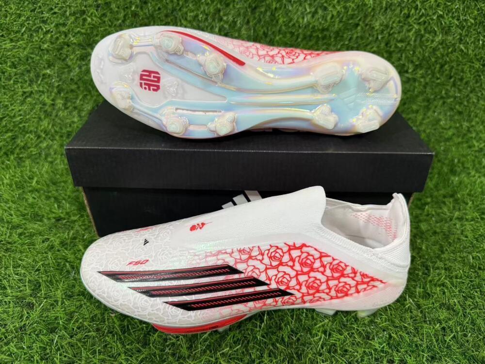 Unisex Adidas F50+ Elite Lightstrike Pro Laceless FG Firm Ground Low-Tops Football Boots - White/Scarlet Glow/Black Burst