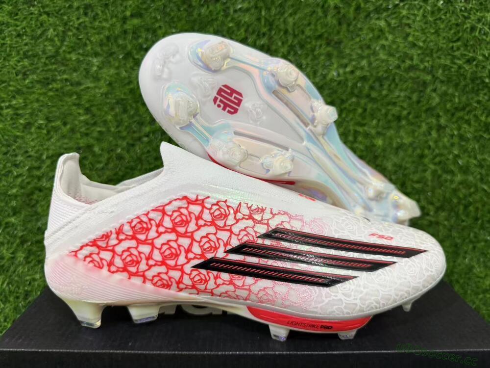 Unisex Adidas F50+ Elite Lightstrike Pro Laceless FG Firm Ground Low-Tops Football Boots - White/Scarlet Glow/Black Burst