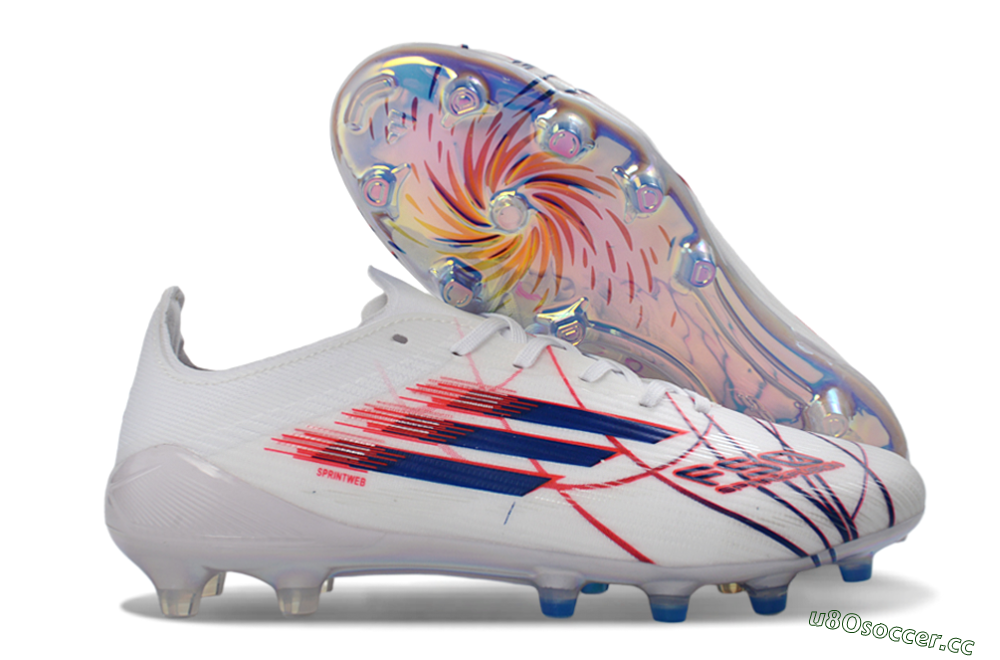Unisex Adidas F50 Elite Laceless AG Artificial Grass Low-Tops Football Boots - White/Crimson Red/Marine Blue 2