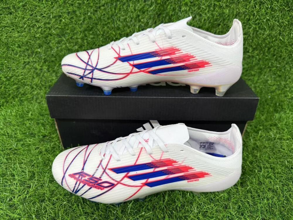 Unisex Adidas F50 Elite Laceless AG Artificial Grass Low-Tops Football Boots - White/Crimson Red/Marine Blue