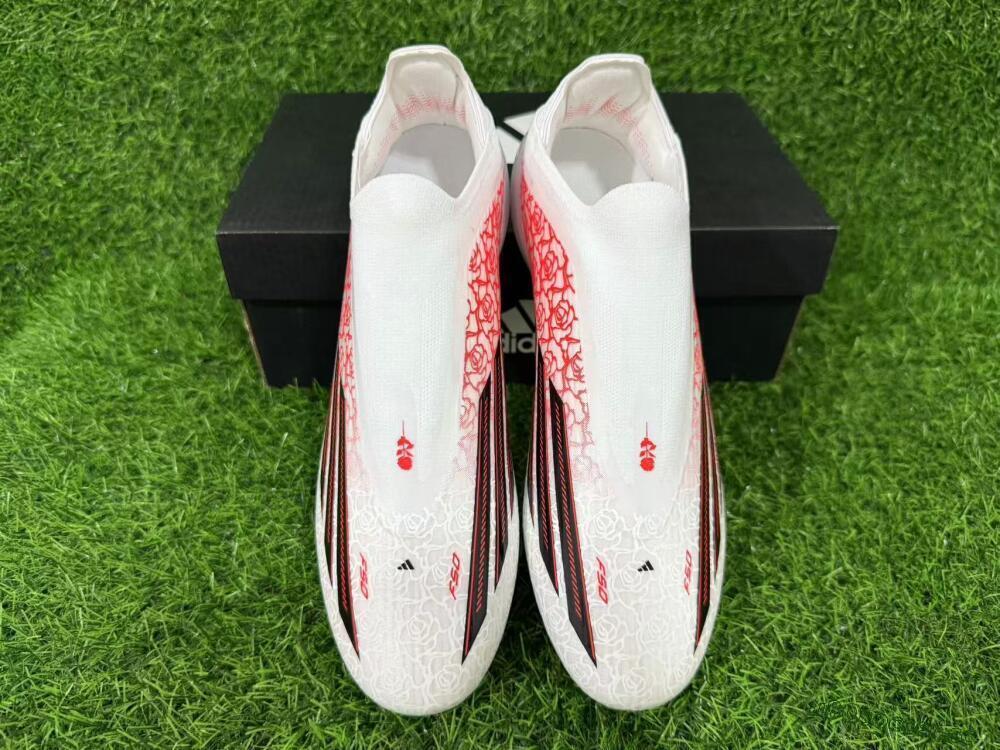 Unisex Adidas F50 Elite Laceless FG Firm Ground Low-Tops Football Boots - White/Crimson Rose/Iridescent