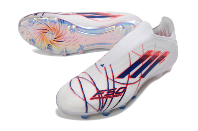 Unisex Adidas F50 Elite Laceless AG Artificial Grass Low-Tops Football Boots - White/Electric Red/Icy Blue