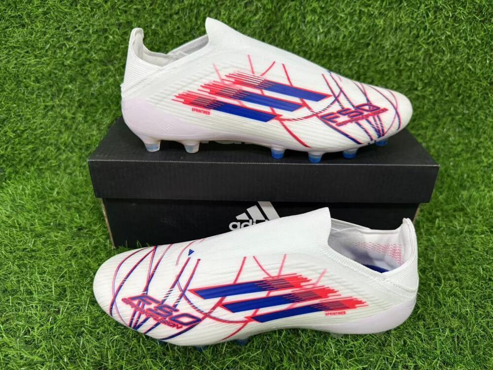 Unisex Adidas F50 Elite Laceless AG Artificial Grass Low-Tops Football Boots - White/Electric Red/Icy Blue