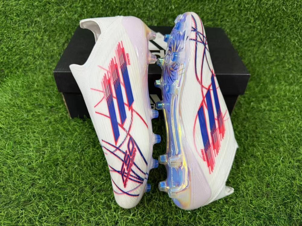 Unisex Adidas F50 Elite Laceless AG Artificial Grass Low-Tops Football Boots - White/Electric Red/Icy Blue