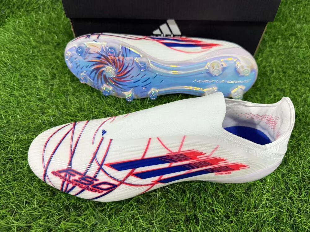 Unisex Adidas F50 Elite Laceless AG Artificial Grass Low-Tops Football Boots - White/Electric Red/Icy Blue