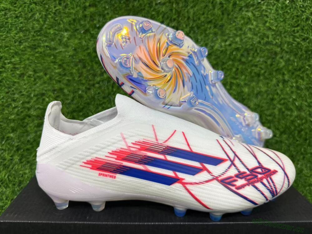 Unisex Adidas F50 Elite Laceless AG Artificial Grass Low-Tops Football Boots - White/Electric Red/Icy Blue
