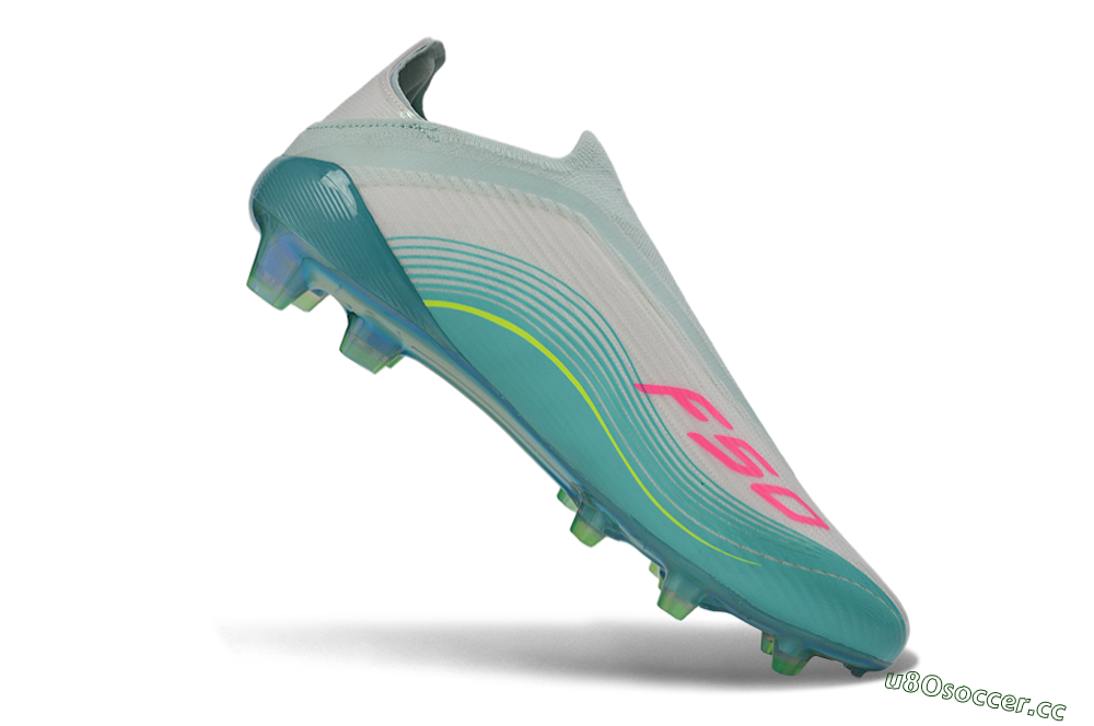 Unisex Messi x Adidas F50 Elite Laceless FG Firm Ground Low-Tops Football Boots - Teal/Electric Green/Fuchsia Pink 5