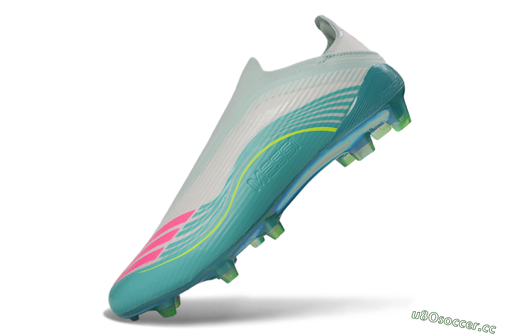 Unisex Messi x Adidas F50 Elite Laceless FG Firm Ground Low-Tops Football Boots - Teal/Electric Green/Fuchsia Pink 6