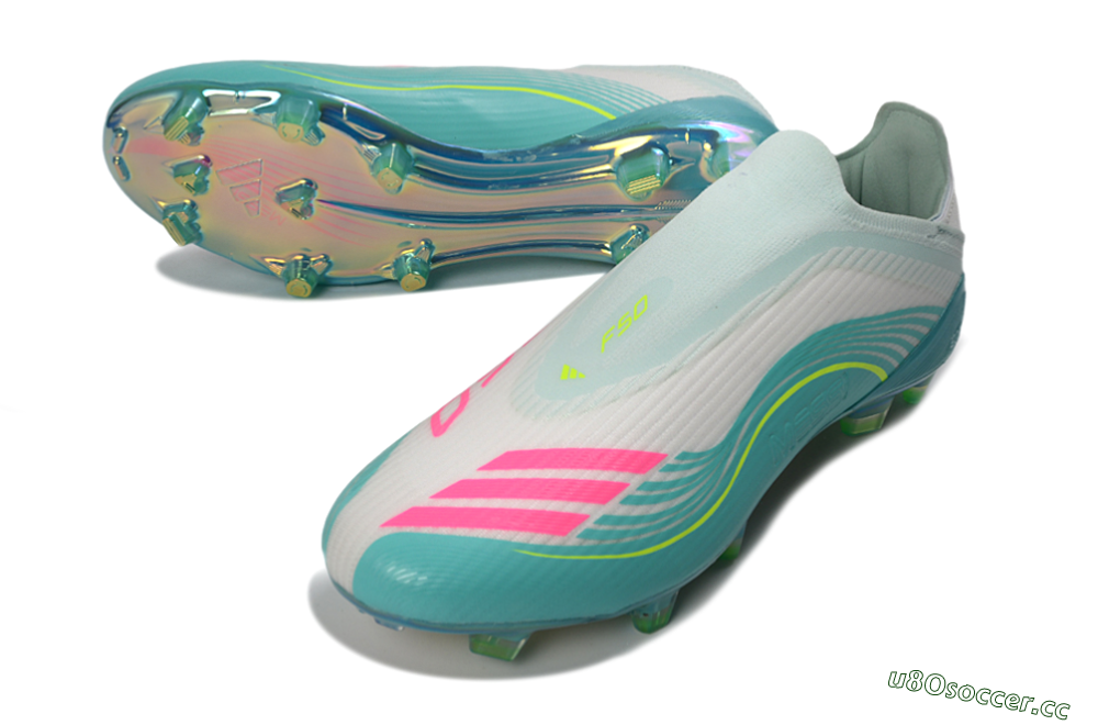 Unisex Messi x Adidas F50 Elite Laceless FG Firm Ground Low-Tops Football Boots - Teal/Electric Green/Fuchsia Pink 3