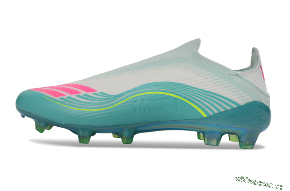 Unisex Messi x Adidas F50 Elite Laceless FG Firm Ground Low-Tops Football Boots - Teal/Electric Green/Fuchsia Pink 0