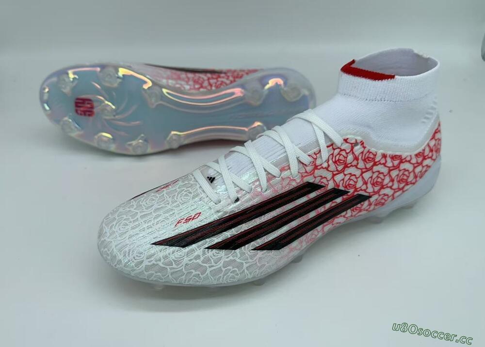 Men's Adidas F50 Elite Mid AG Artificial Grass High-Tops Football Boots - White/Crimson Rose/Black Spark
