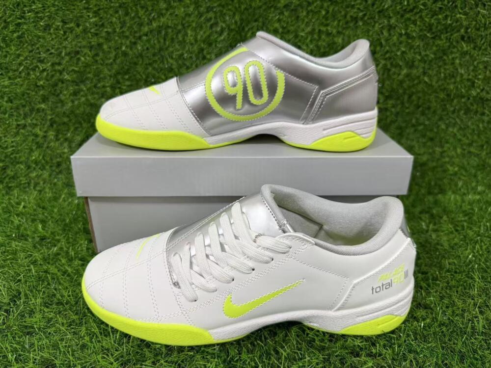 Men's Nike Total 90 III IC Indoor & Futsal Low-Tops Football Shoes - White/Lime Green/Metallic Silver