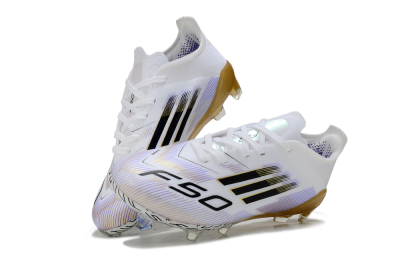 Kids Adidas F50 Elite FG Firm Ground Low-Tops Football Boots - White/Golden Glow/Black Stripes