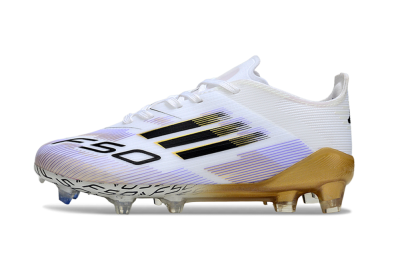 Kids Adidas F50 Elite FG Firm Ground Low-Tops Football Boots - White/Golden Glow/Black Stripes