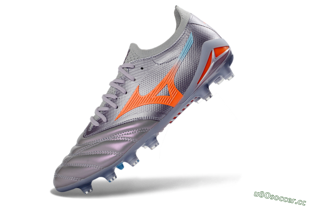 Men's Mizuno Morelia Neo 4 FG Firm Ground Low-Tops Football Boots - Gray/Sunset Orange/Light Blue 5
