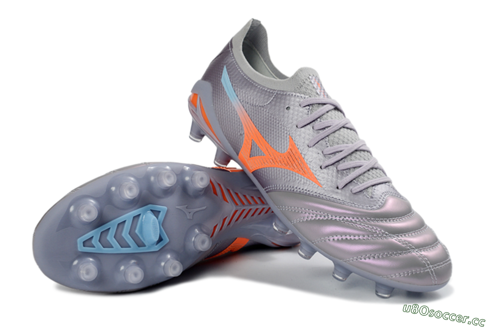 Men's Mizuno Morelia Neo 4 FG Firm Ground Low-Tops Football Boots - Gray/Sunset Orange/Light Blue 3