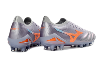 Men's Mizuno Morelia Neo 4 FG Firm Ground Low-Tops Football Boots - Gray/Sunset Orange/Light Blue