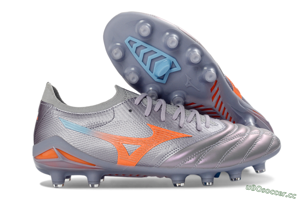 Men's Mizuno Morelia Neo 4 FG Firm Ground Low-Tops Football Boots - Gray/Sunset Orange/Light Blue 2