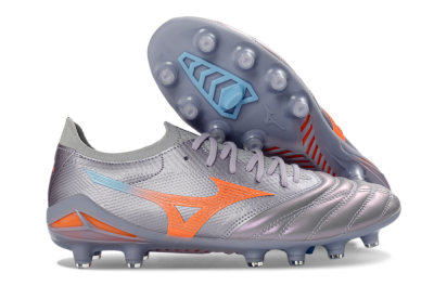Men's Mizuno Morelia Neo 4 FG Firm Ground Low-Tops Football Boots - Gray/Sunset Orange/Light Blue