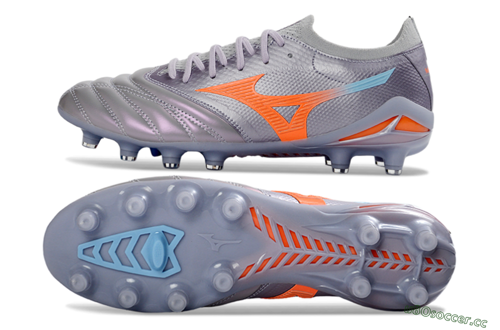 Men's Mizuno Morelia Neo 4 FG Firm Ground Low-Tops Football Boots - Gray/Sunset Orange/Light Blue 1