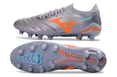 Men's Mizuno Morelia Neo 4 FG Firm Ground Low-Tops Football Boots - Gray/Sunset Orange/Light Blue
