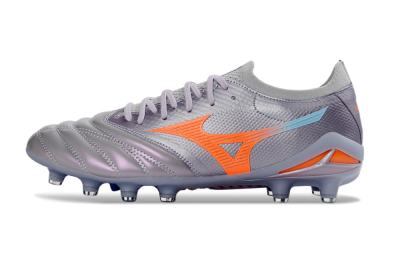 Men's Mizuno Morelia Neo 4 FG Firm Ground Low-Tops Football Boots - Gray/Sunset Orange/Light Blue