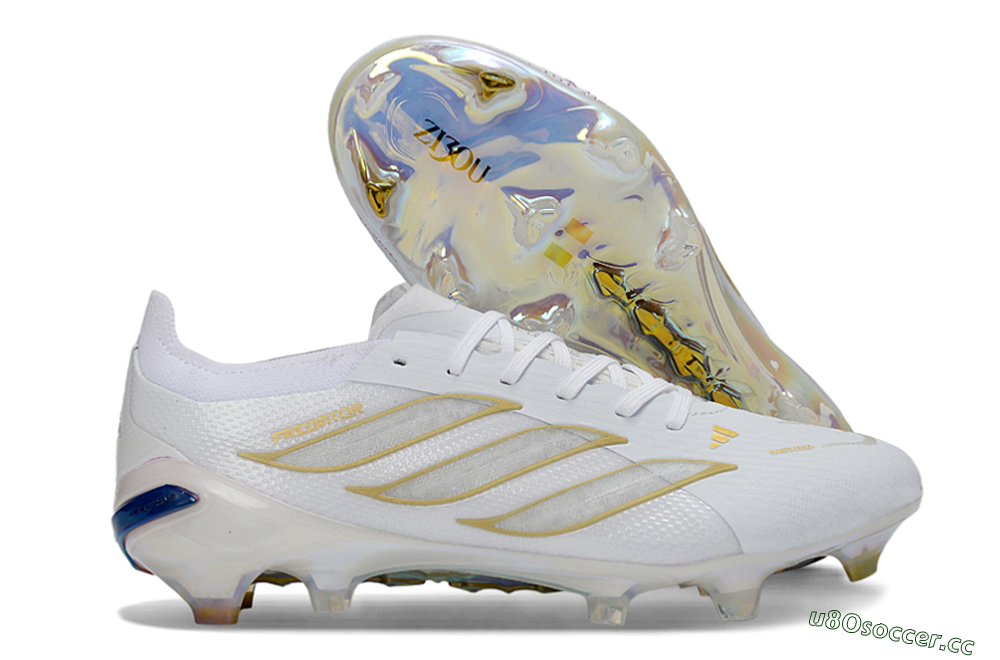 Unisex Adidas Predator 26 Elite FG Firm Ground Low-Tops Football Boots - White/Golden Accent/Translucent Sole 2