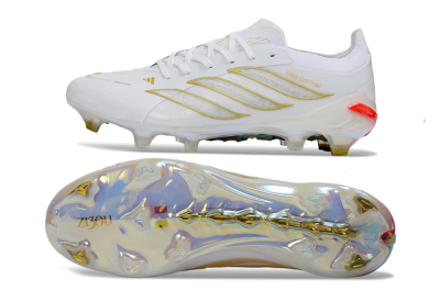 Unisex Adidas Predator 26 Elite FG Firm Ground Low-Tops Football Boots - White/Golden Accent/Translucent Sole