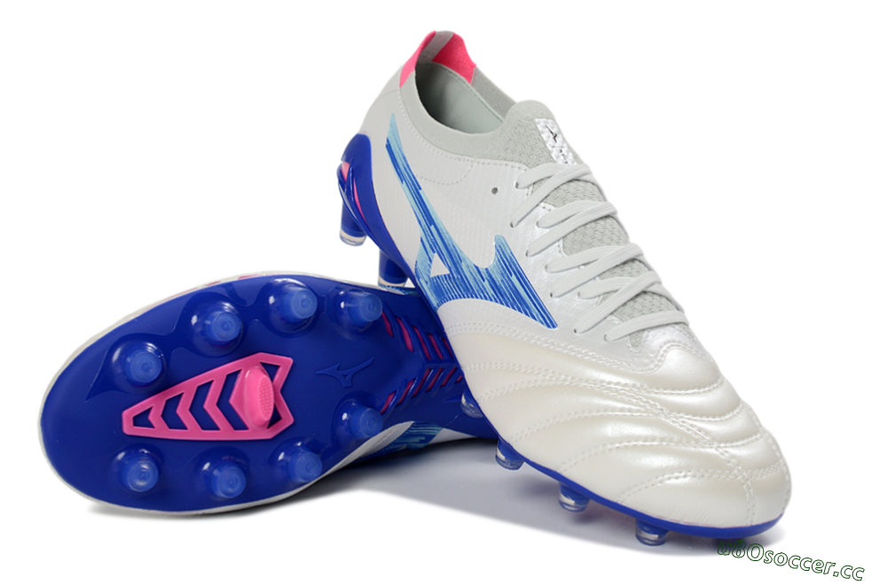 Men's Mizuno Morelia Neo 4 FG Firm Ground Low-Tops Football Boots - White/Electric Blue/Pink Fusion 3
