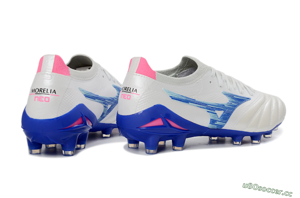 Men's Mizuno Morelia Neo 4 FG Firm Ground Low-Tops Football Boots - White/Electric Blue/Pink Fusion 6