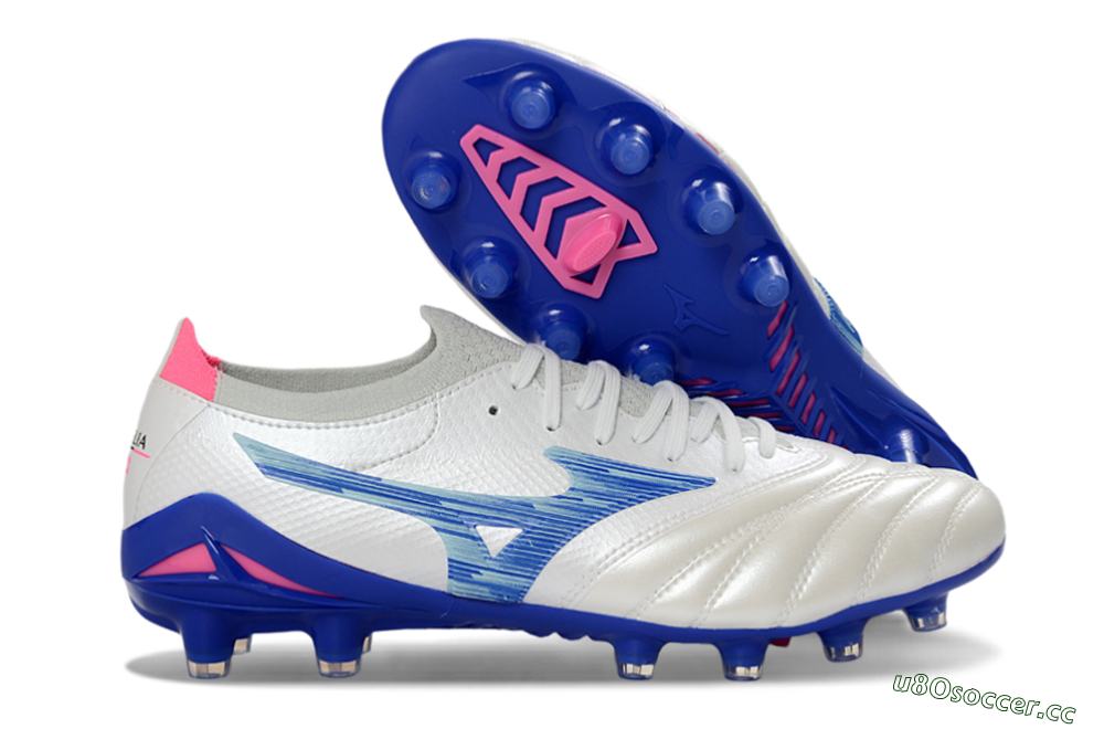 Men's Mizuno Morelia Neo 4 FG Firm Ground Low-Tops Football Boots - White/Electric Blue/Pink Fusion 2