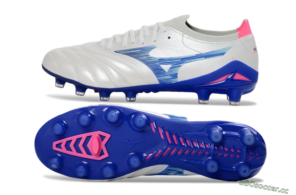 Men's Mizuno Morelia Neo 4 FG Firm Ground Low-Tops Football Boots - White/Electric Blue/Pink Fusion 1
