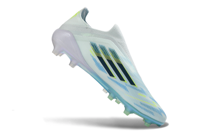 Men's Adidas F50 Elite Laceless AG Artificial Grass Low-Tops Football Boots - White/Iridescent Blue/Iridescent Green