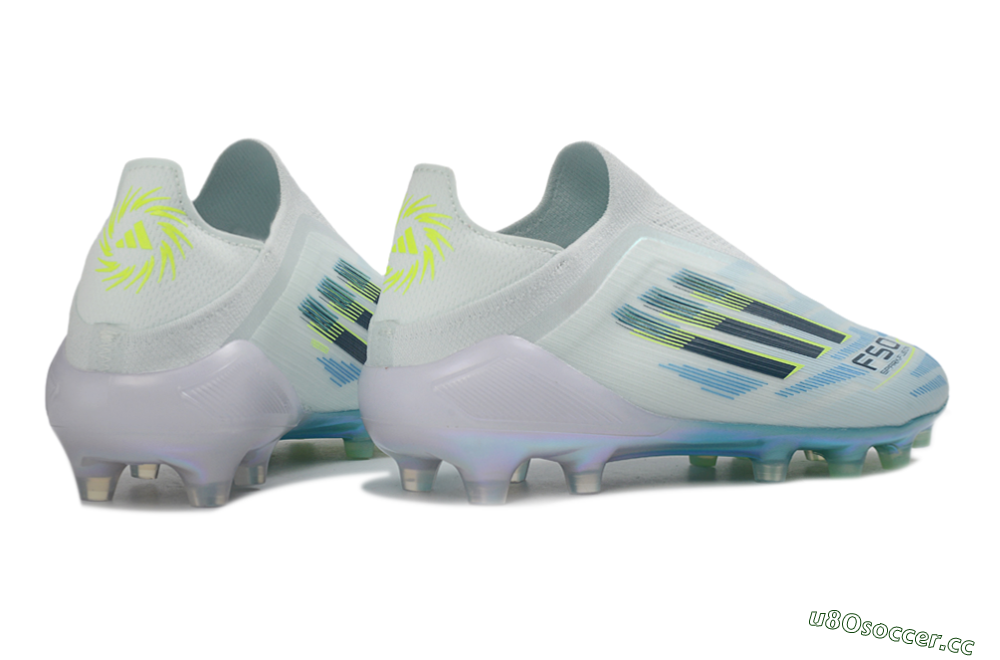 Men's Adidas F50 Elite Laceless AG Artificial Grass Low-Tops Football Boots - White/Iridescent Blue/Iridescent Green 6