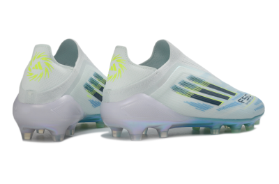 Men's Adidas F50 Elite Laceless AG Artificial Grass Low-Tops Football Boots - White/Iridescent Blue/Iridescent Green